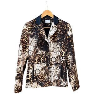 Vintage Alberto Makali Leopard & Lace Print Blazer Leather Collar Wmns Medium